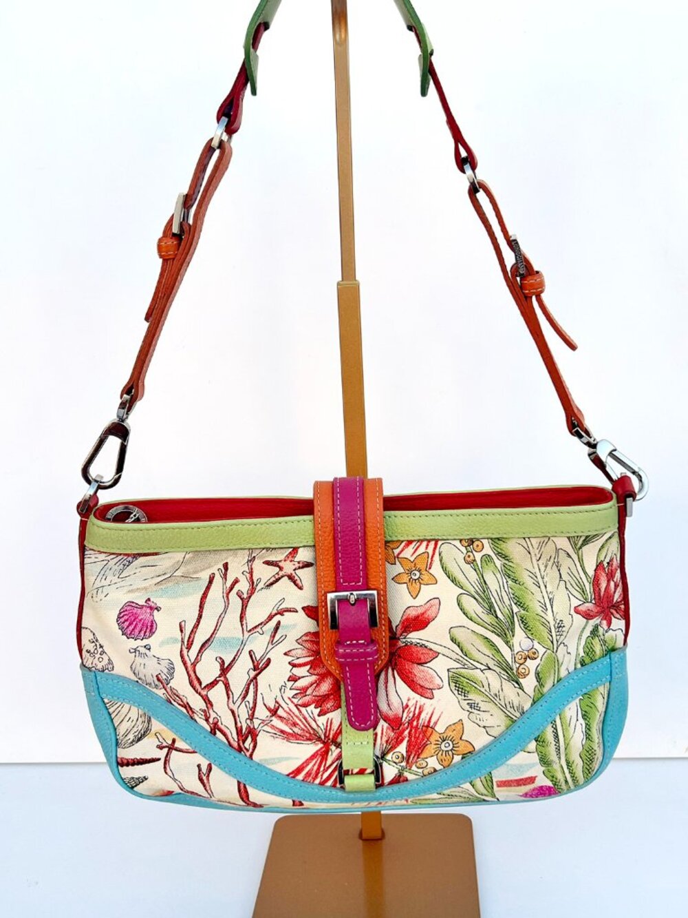 Longchamp Nautical Coastal Marine Coral Print Leather Shoulder Bag